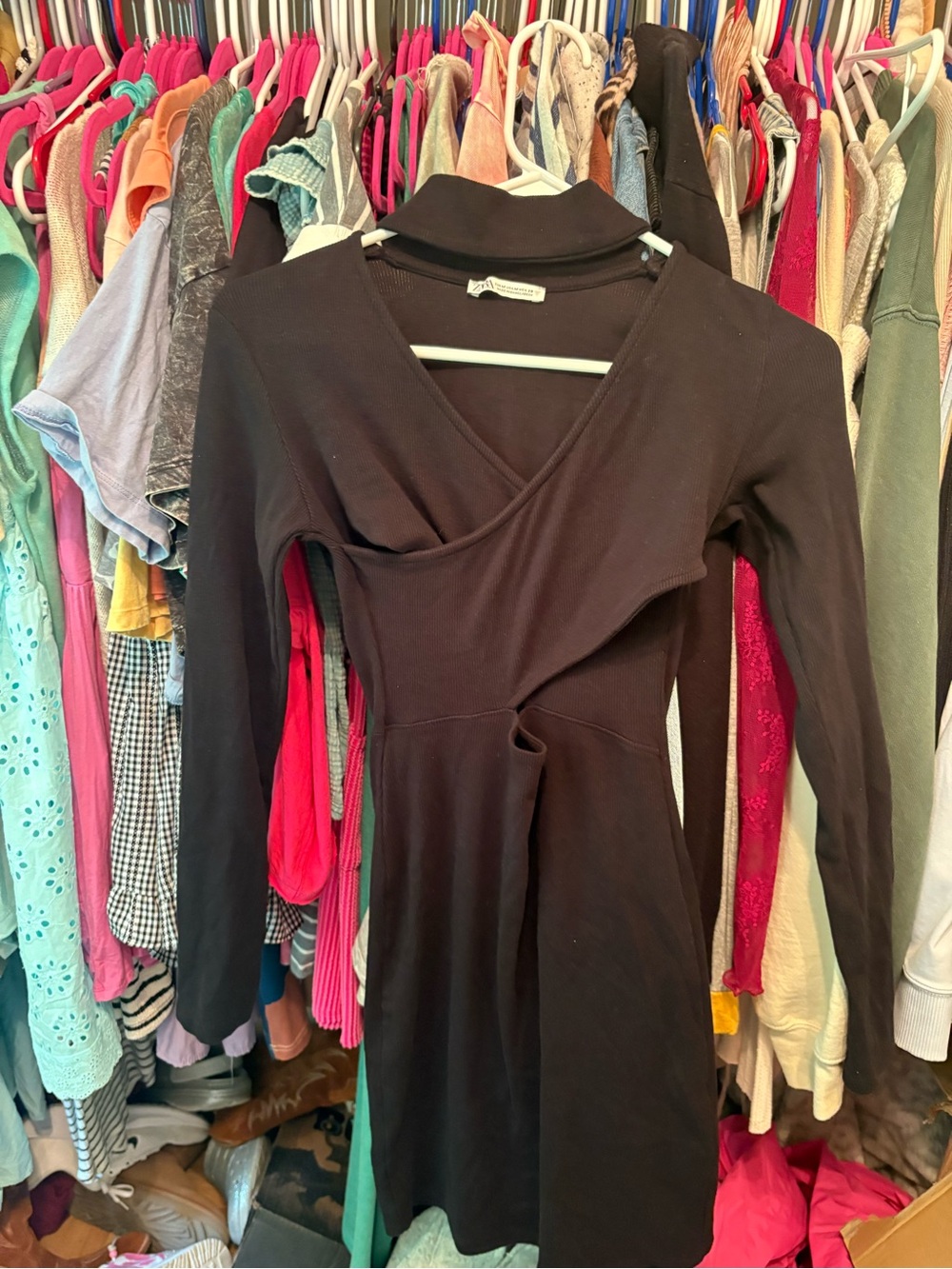 Zara Black Long-Sleeve Wrap-Front Dress